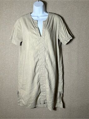 Theory Linen Blend Dress Womens Medium Beige Shift Short Sleeve Beach Coastal